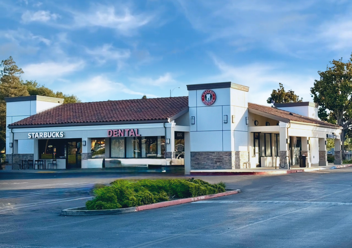 Street view of Castro & Hipona Dental Care, located next to Starbucks at 2721 Aborn Rd, San Jose, CA