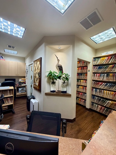 Consultation area with organized filing systems and natural lighting