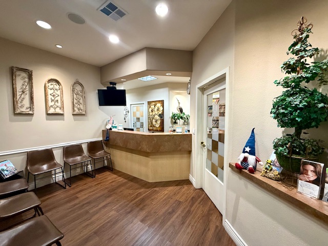 Modern reception area with curved desk and comfortable seating